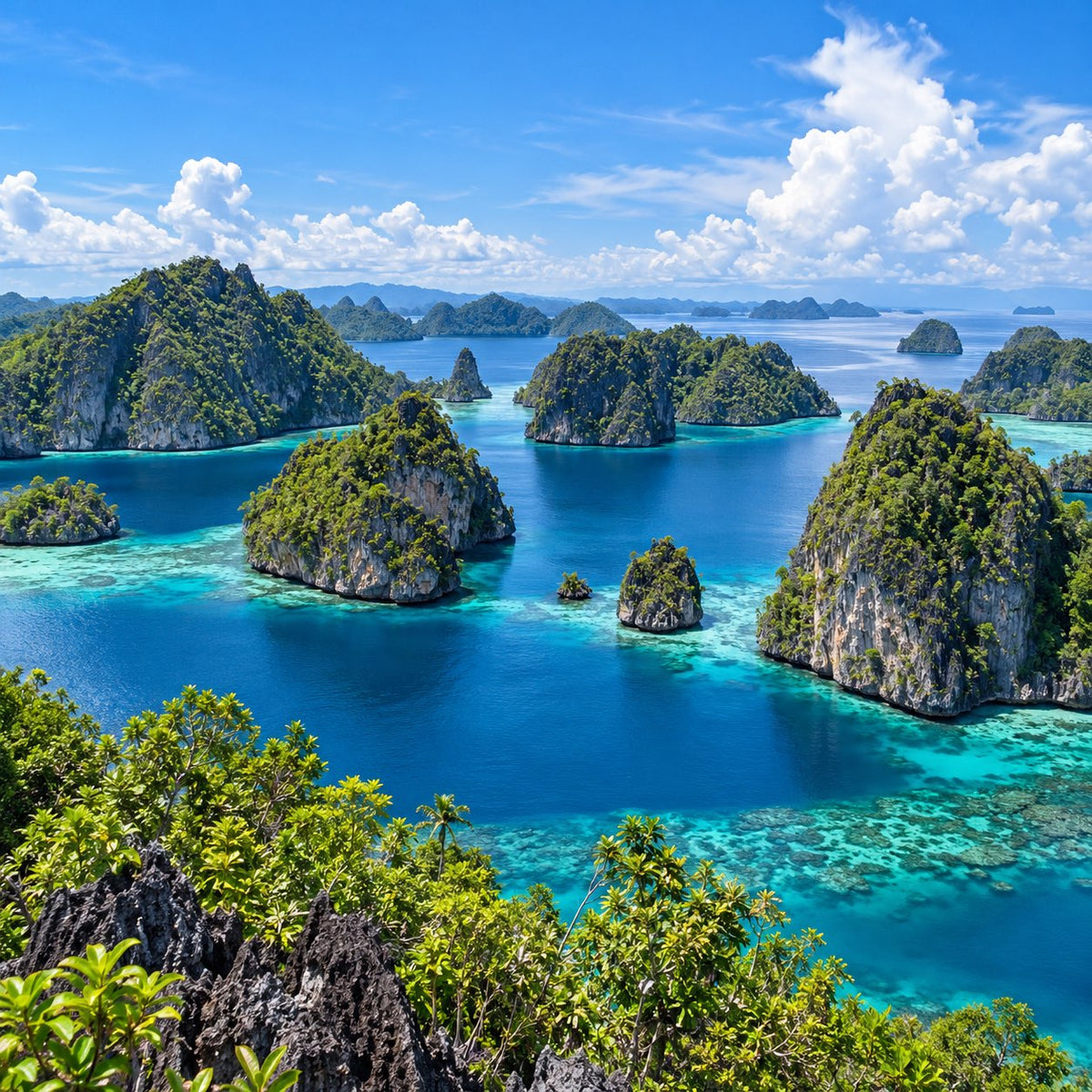 Limestone islands and turquoise water in Raja Ampat, Indonesia.