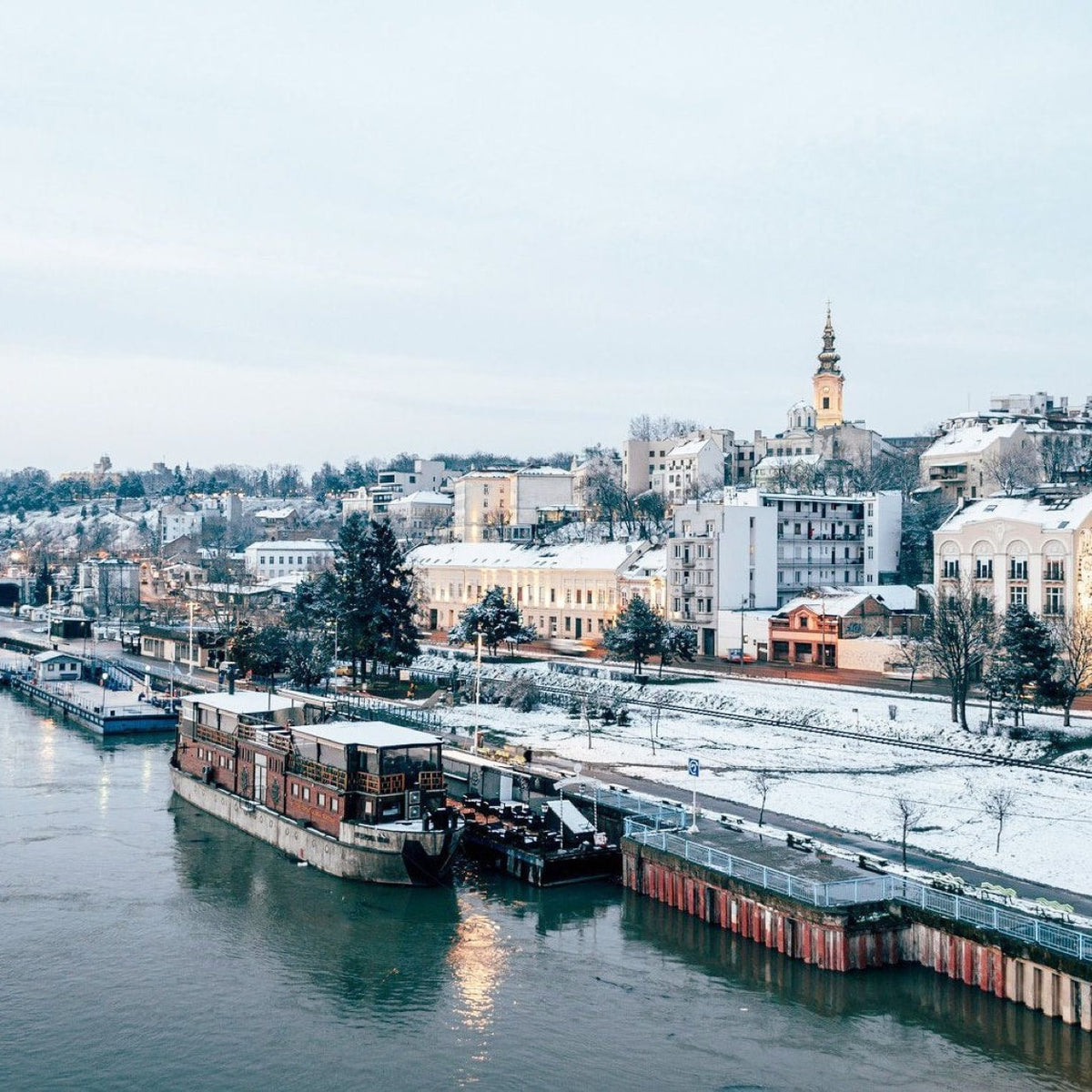 The snowy Belgrade riverfront in Serbia.