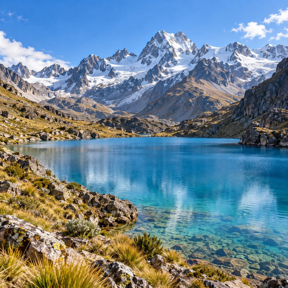 An alpine lake beneath snow-covered peaks in the Andes.
