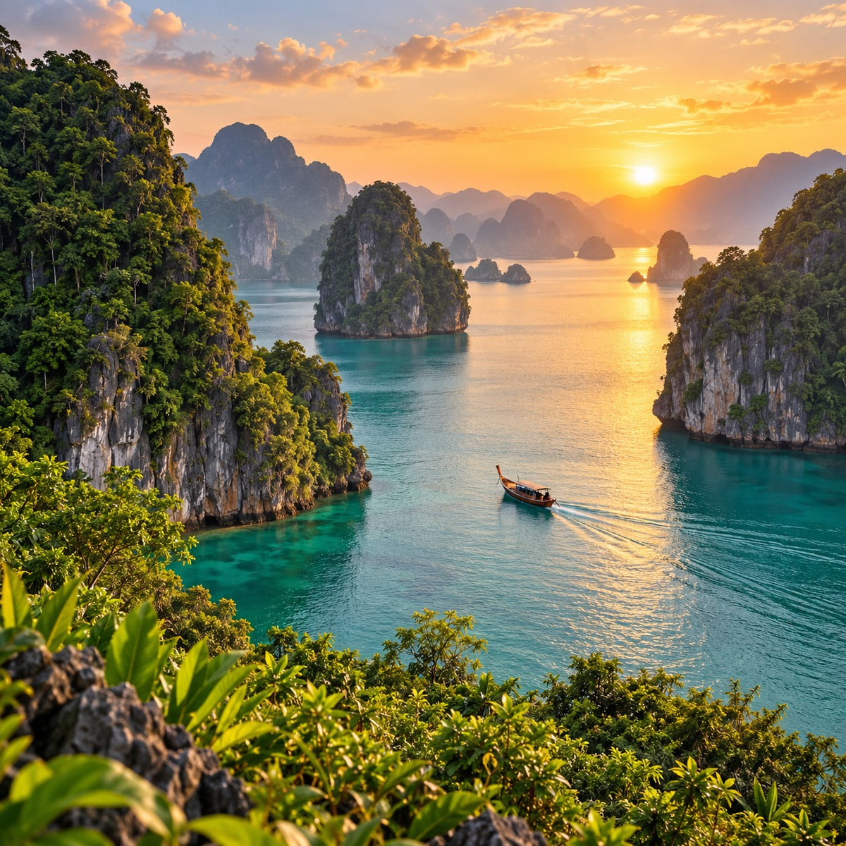 Limestone islands and a boat on the water in Ha Long Bay, Vietnam at sunset.