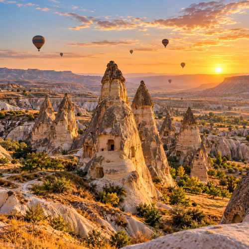 Cappadocia rock formations and hot-air balloons at sunrise in Türkiye.