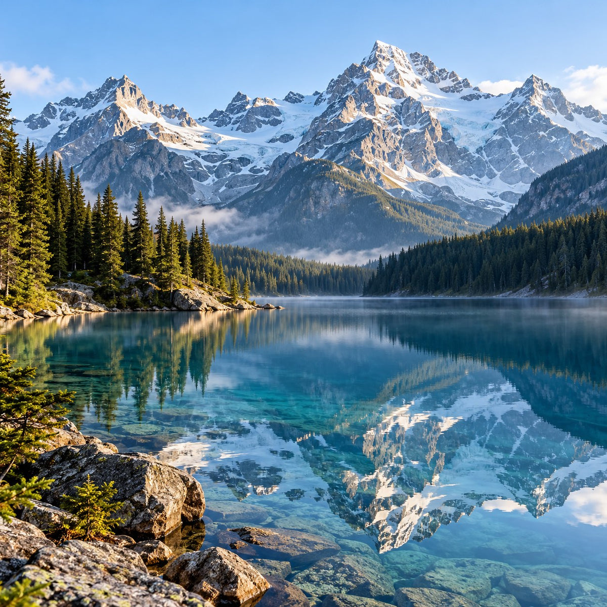An alpine lake beneath snow-covered peaks in the Canadian Rockies.