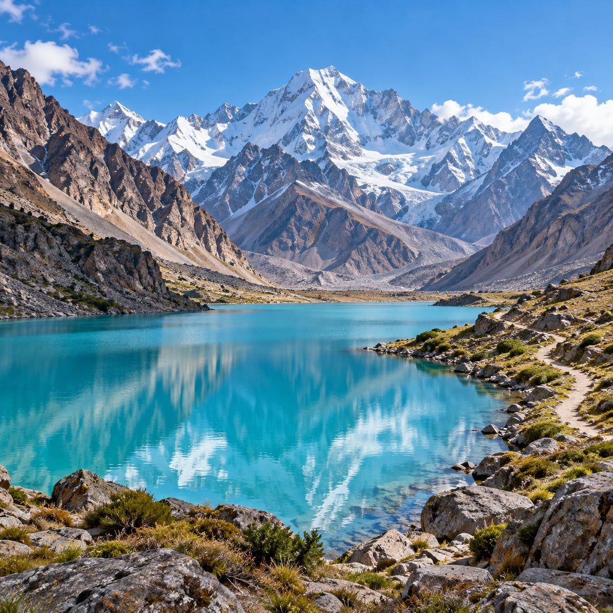 A high-altitude lake beneath snow-covered peaks in Pakistan.