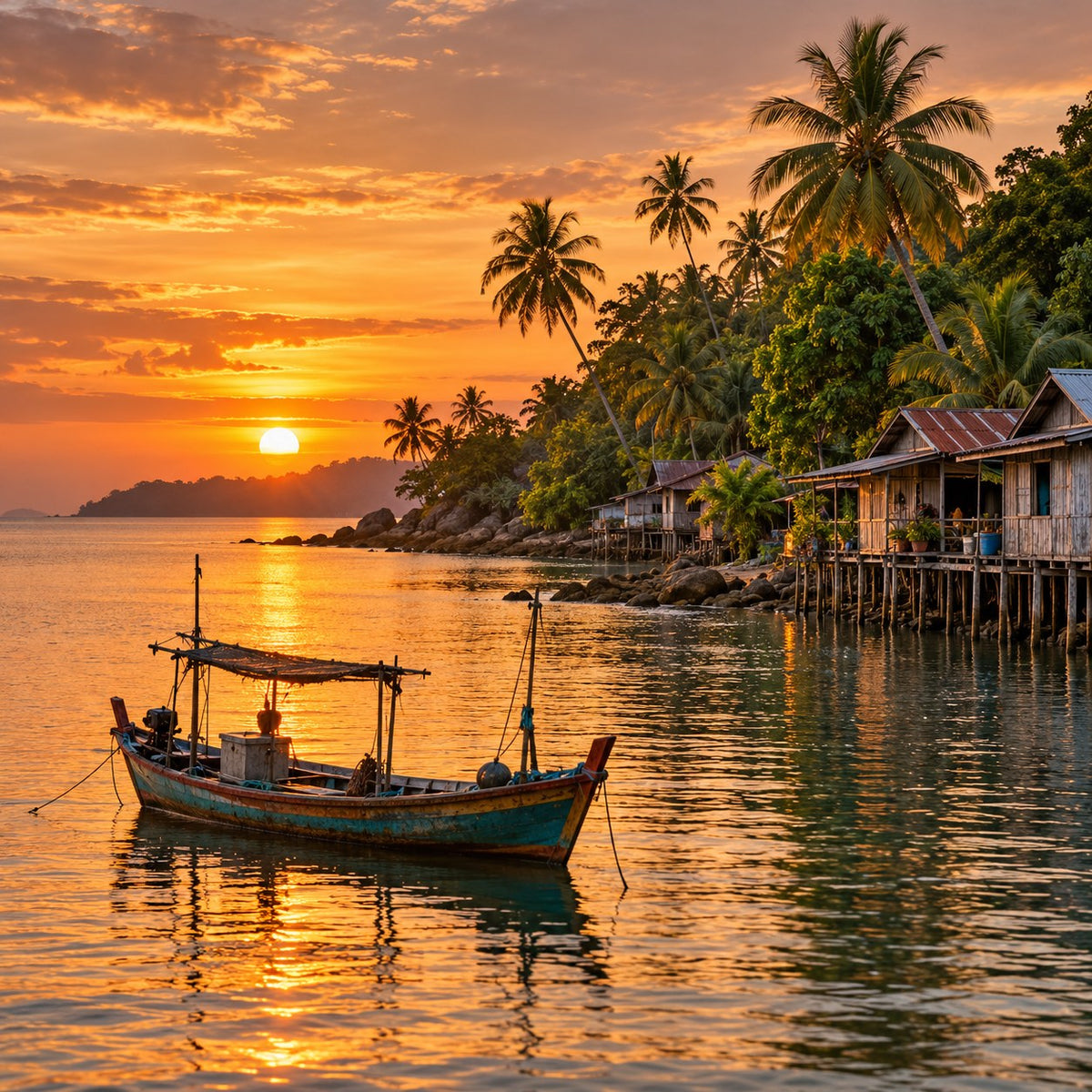 A tropical stilt village and fishing boat on the coast of Malaysia at sunset.