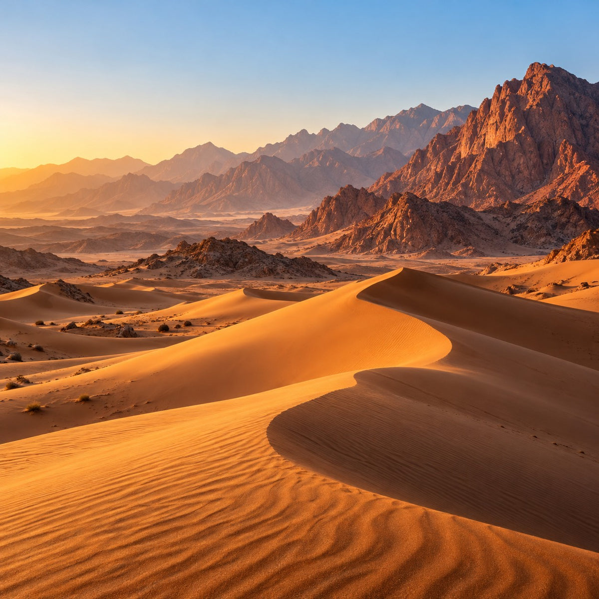 Desert dunes and mountain ridges in Oman at sunset.