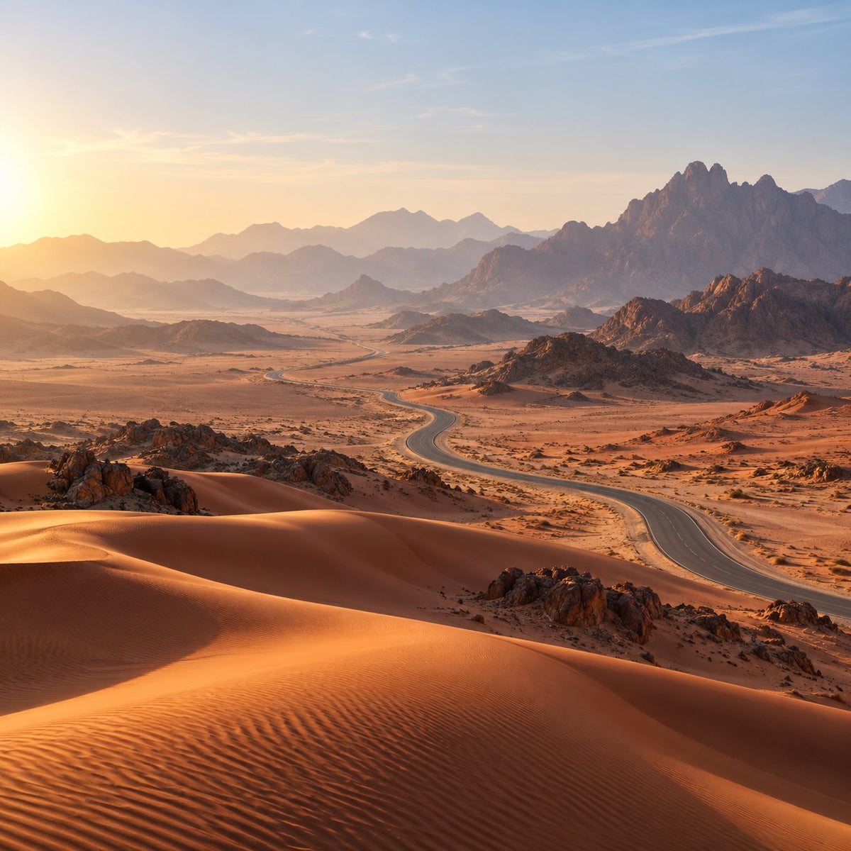 A desert road winding through mountain ridges in the United Arab Emirates.